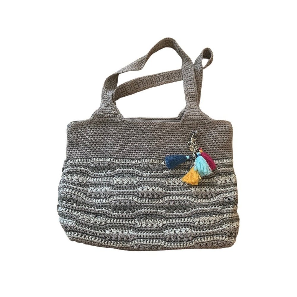 The Sak Collective Gray Stripe Classic Crochet Tote Zip Top Lined Tassels